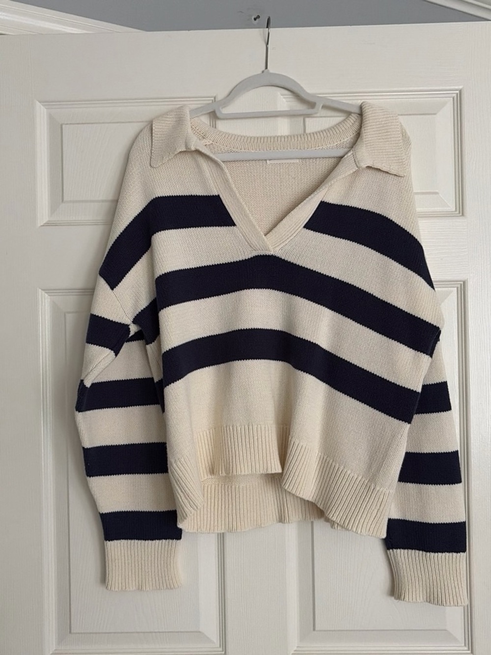 Striped V-Neck Collared Sweater - Cream & Navy